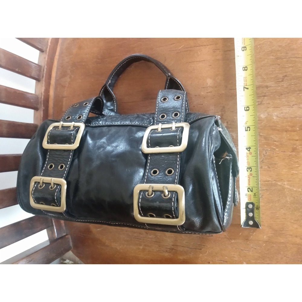 SOHO Franco Sarto VTG Edgy Black Leather Buckle Barrel Bag Y2K Streetwear Biker - Picture 8 of 10